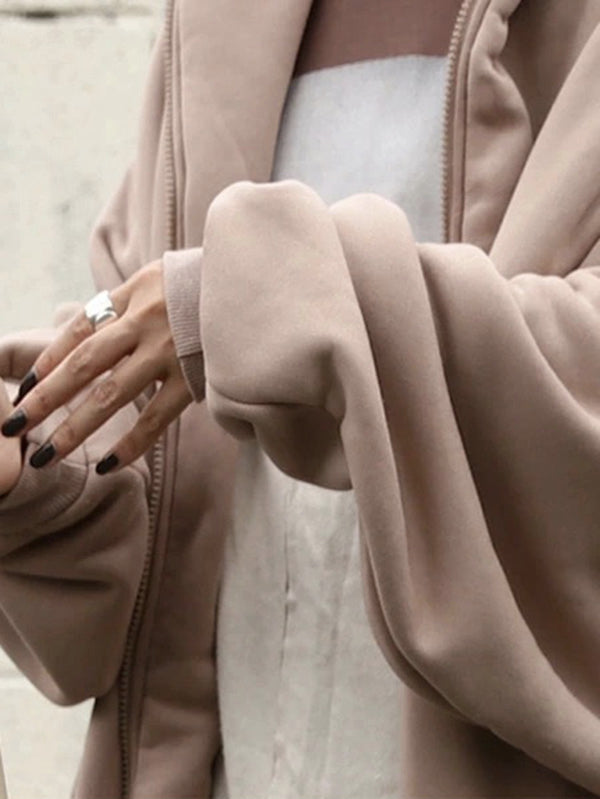 Urban Hooded Solid Color Zipper Batwing Sleeve Long Outerwear
