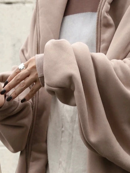 Urban Hooded Solid Color Zipper Batwing Sleeve Long Outerwear