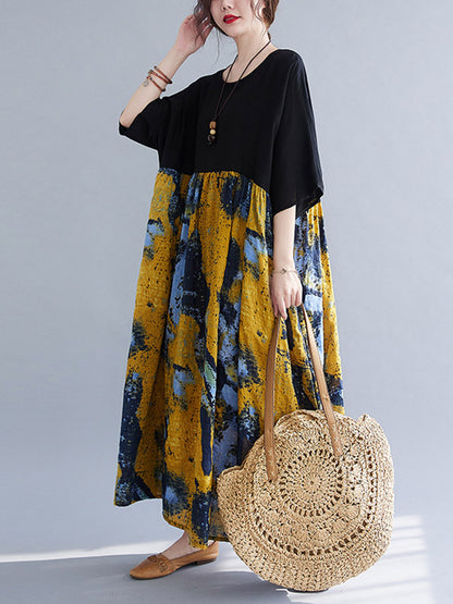 Artistic Retro Floral Printed Split-Joint Pleated Round-Neck Half Sleeves Midi Dress