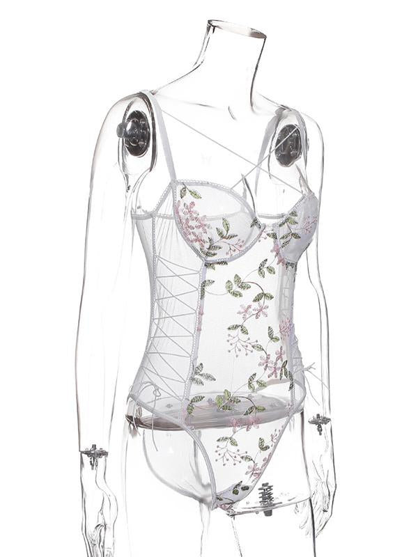 Sexy Bandage Embroidered Split-Joint Bodysuit Lingerie