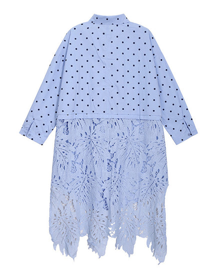 Stylish Split-Joint Polka-Dot Hollow Buttoned Lapel Collar Loose Shirt Dress
