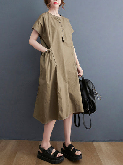 Casual Solid Color Round-Neck With Pocket Midi Dress