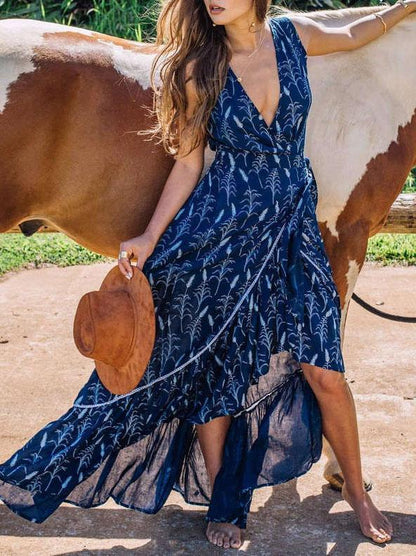 Asymmetric Belted Deep V-neck Maxi Dress
