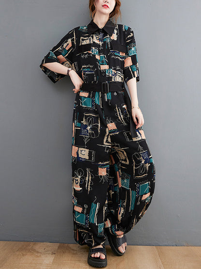 Stylish Printed Belted Split-Side Lapel Short Sleeves Loose Jumpsuits