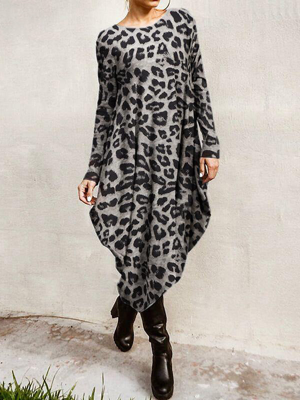 Loose Leopard Long-Sleeves High-Low Long Dress