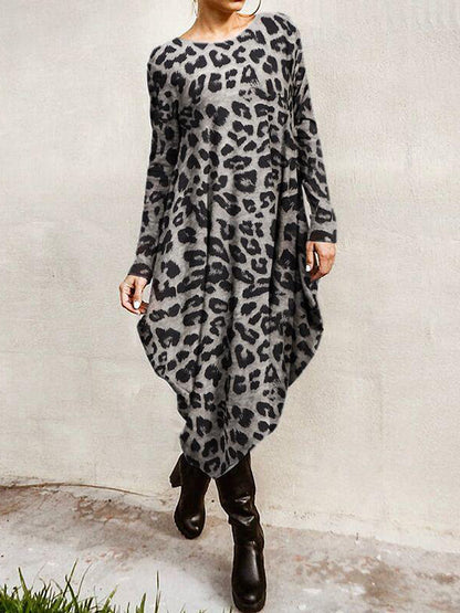 Loose Leopard Long-Sleeves High-Low Long Dress