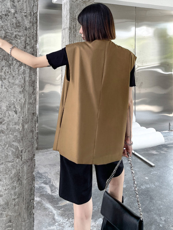 Urban Irregular Solid Color Buttoned Round-Neck Sleeveless Vest Outwear