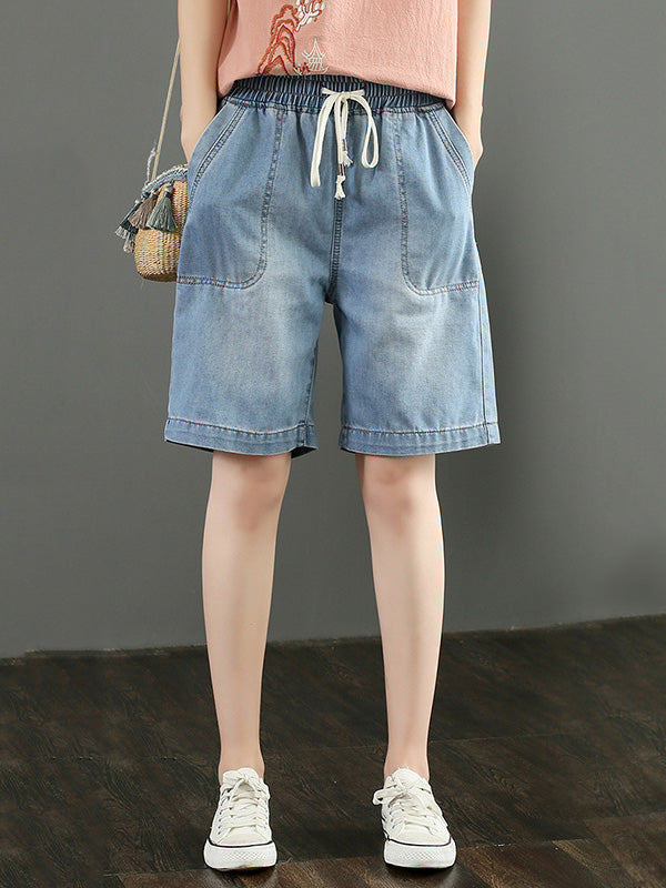 Casual Girlish Denim Drawstring Elastic Waisted Wide Leg Shorts