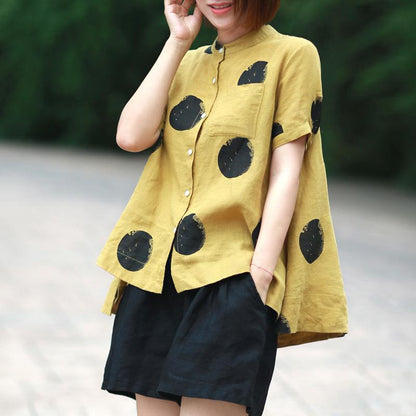 Dot Cotton Linen Short Sleeve Blouse M-3XL