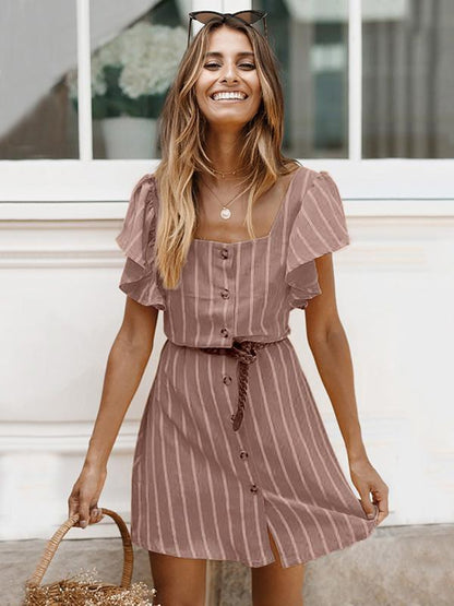 Square Collar Casual Stripped Mini Dress