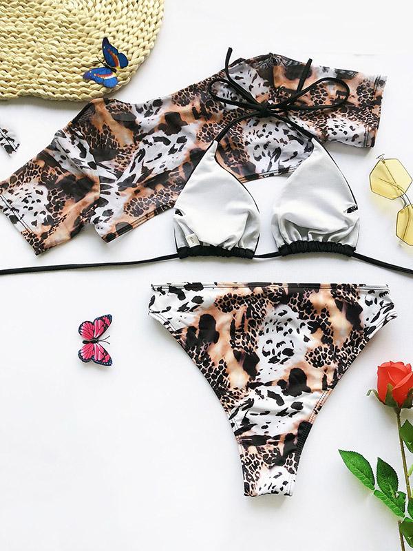 Sexy Net Yarn Leopard-Print Three-Piece Swimsuit