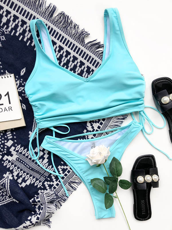 Solid Color Drawstring U-Neck Bikini Swimwear