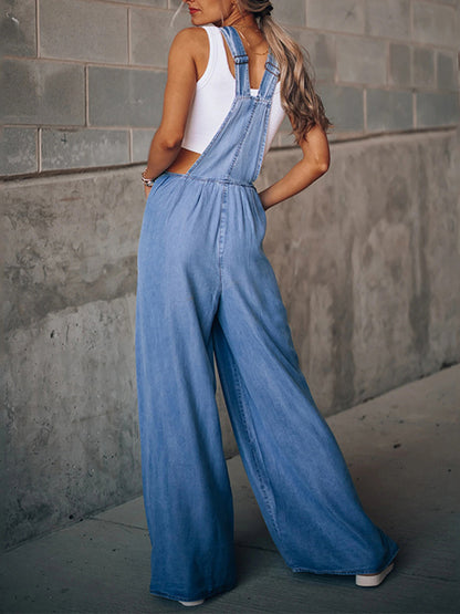 Casual Denim Blue Wide Leg Overalls