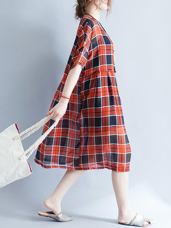 Loose Light Red Plaid Long Dress