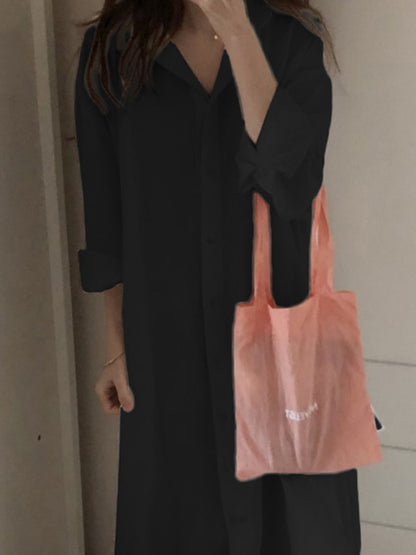 Simple Loose Casual Solid Color Buttoned Split-Side Lapel Collar Long Sleeves Midi Shirt Dress