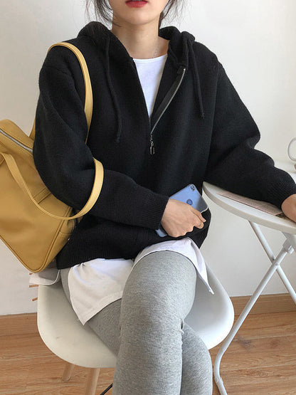 Fashion Solid Knitted Long Sleeves Hooded Outerwear