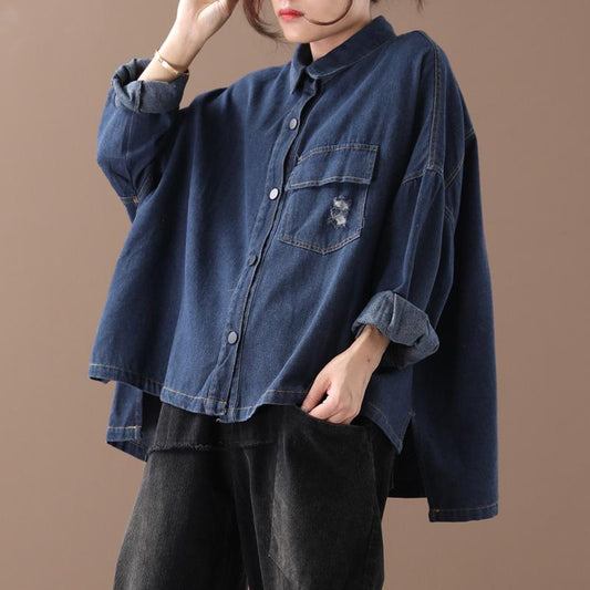 Buykud High Low Hem Frayed Pure Color Loose Denim Coat