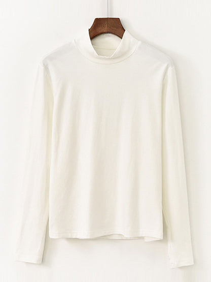 Simple Long Sleeves Elastics Solid Color High-Neck T-Shirts Tops