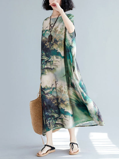 Vintage Loose Printed Batwing Sleeves Round-Neck Midi Dress