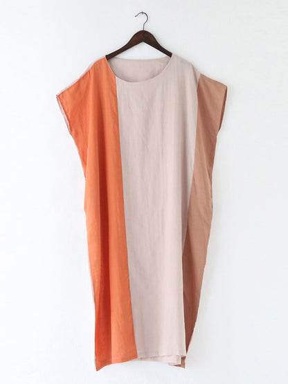 Original Linen Split-Joint Contrast Color Round-Neck Batwing Sleeve Midi Dress
