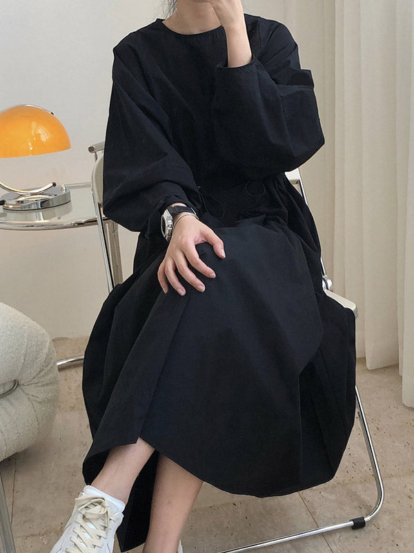 Simple Solid Color Round-Neck Pleated Long Sleeves Midi Dress