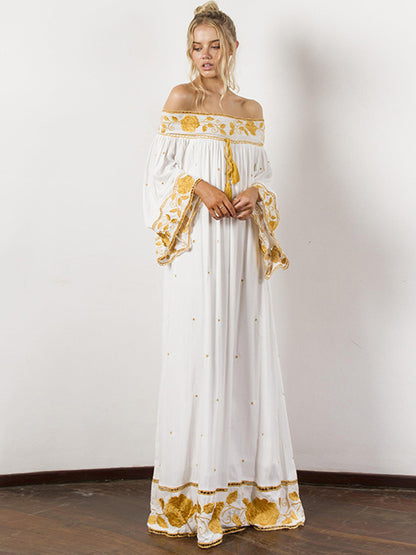 Vintage Embroidered Pleated Off-The-Shoulder Loose Maxi Dress
