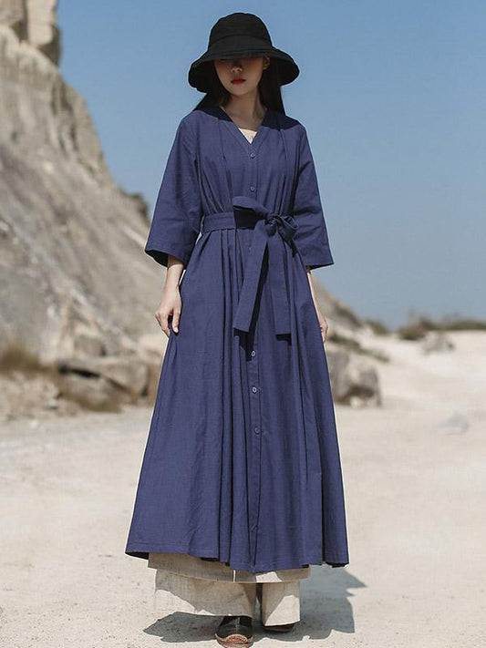 Artistic Retro Solid V-Neck Dress