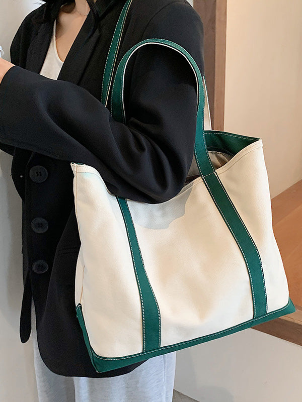 Simple Split-Joint Canvas Shoulder Bag Tote Bag