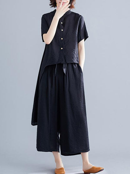 Loose Stand Collar Shirt + Wide Leg Pants Suit