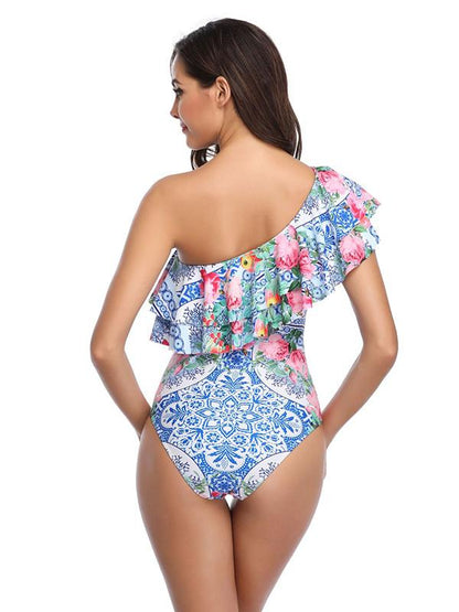 Single Shoulder Falbala Printed One-piece Swimsuit