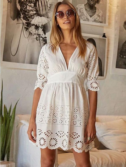 V-neck Hollow Embroidered Mini Dress