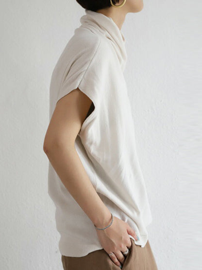 Casual Irregular Solid Color Pleated Heaps Collar Short Sleeves T-Shirt