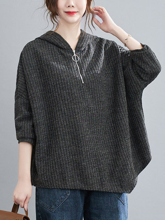Urban Solid Color Knitting Batwing Sleeves Hoodies Top