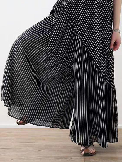 Loose Striped Split-joint Wide-leg Sleeveless V-neck Jumpsuits