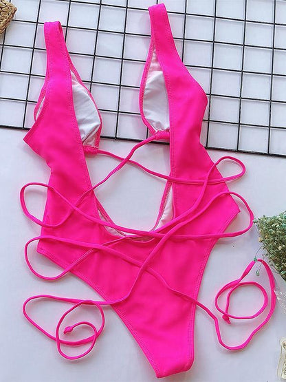 Solid Hollow Straps One-Piece Swimsuit