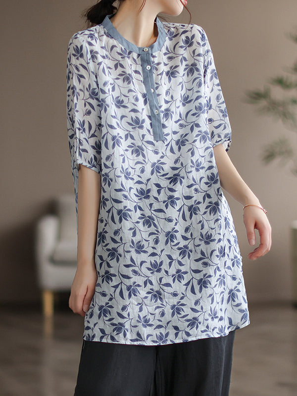 Simple Half Sleeves Ramie Floral Printed Thin T-Shirt