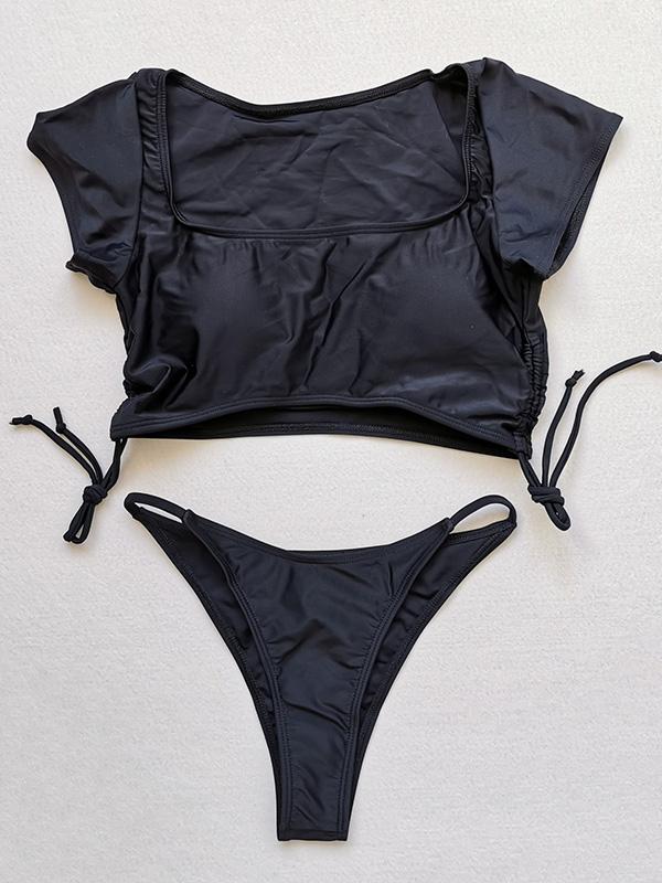 Solid Color Half Sleeve Bandage Split Bikini Swimsuit