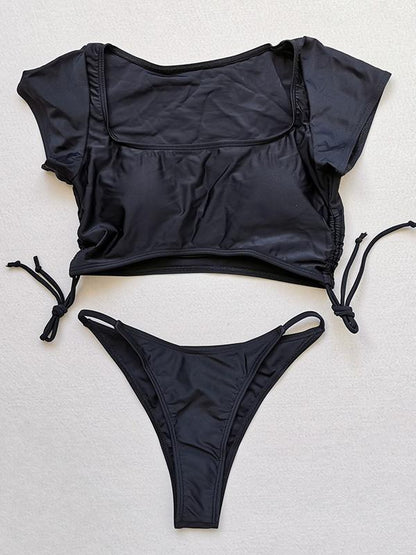 Solid Color Half Sleeve Bandage Split Bikini Swimsuit