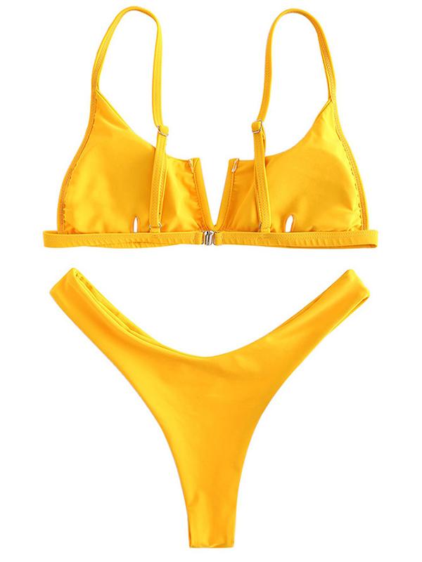 V-Neck Solid Color Bikini Swimsuit
