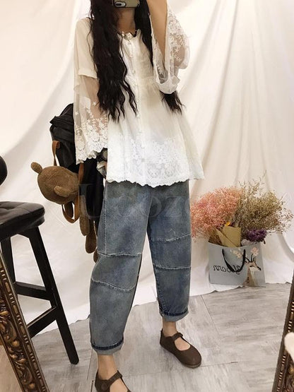 Retro Lace Embroidered Gauze Sleeves Shirt