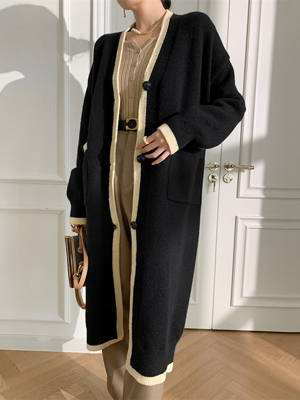Stylish Loose Long Sleeves Split-Joint V-Neck With Pockets Cardigan Tops