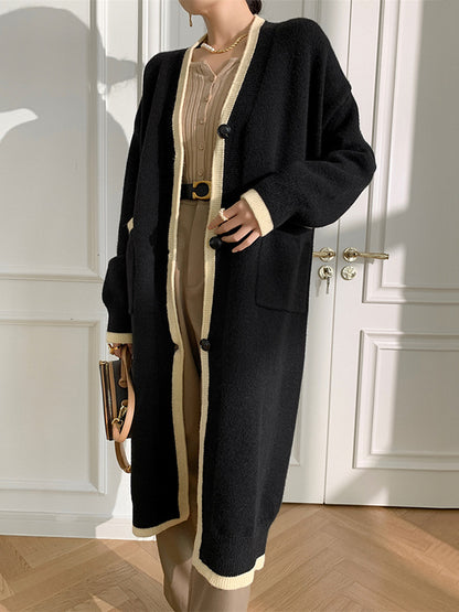 Stylish Loose Long Sleeves Split-Joint V-Neck With Pockets Cardigan Tops