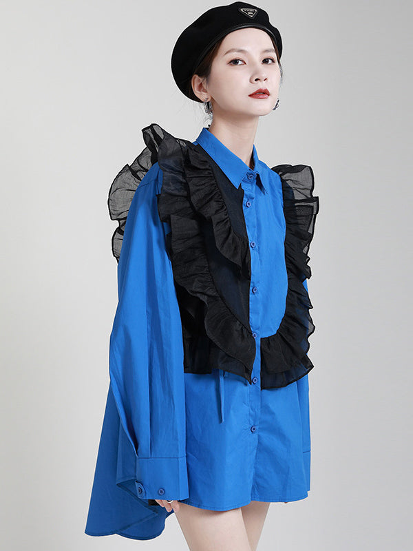 Stylish Irregular Contrast Color Split-Joint Falbala Mesh Drawstring Buttoned Lapel Collar Long Sleeves Blouse