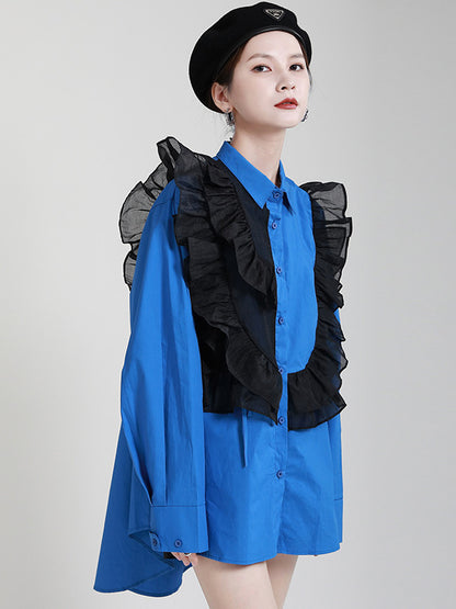 Stylish Irregular Contrast Color Split-Joint Falbala Mesh Drawstring Buttoned Lapel Collar Long Sleeves Blouse