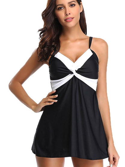 Contrast Cross Knot Dress Tankini Swimsuit