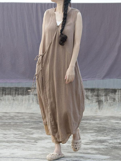 Literary Sleeveless Ramie Cotton Long Dress