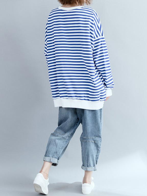 Loose Stripes Plus Size Printed Hoodies Top