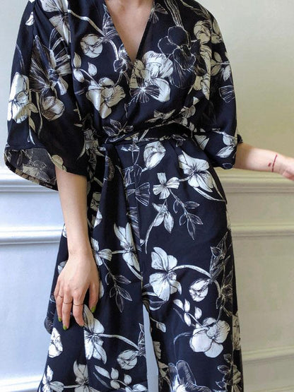 Casual Flower Printed Lace-up Jumpsuit