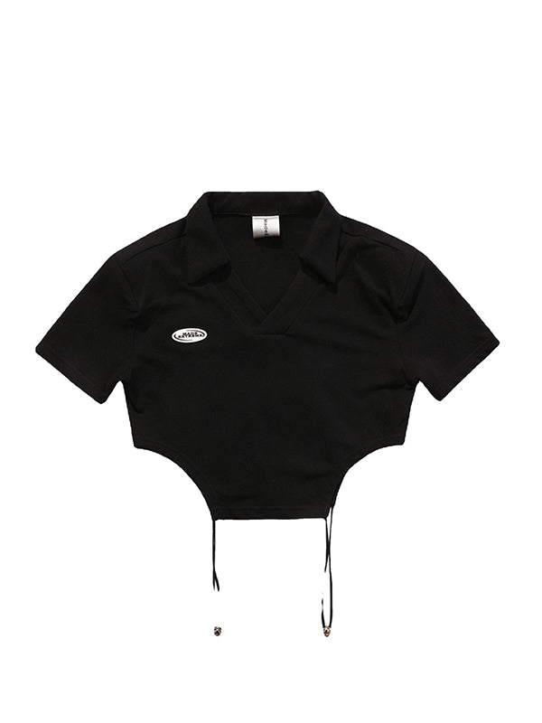 Original Black Lapel V-Neck Hollow T-Shirt