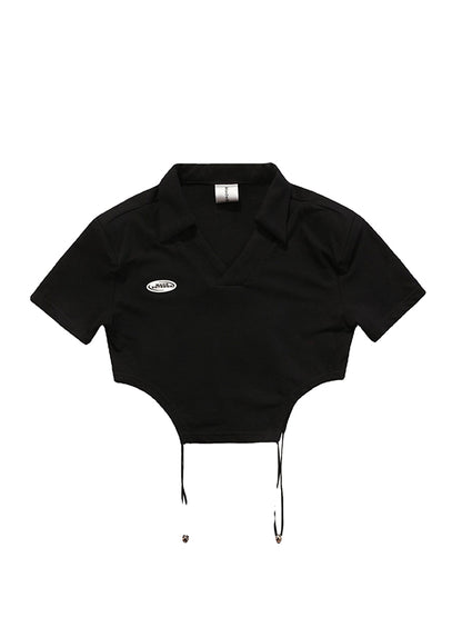 Original Black Lapel V-Neck Hollow T-Shirt